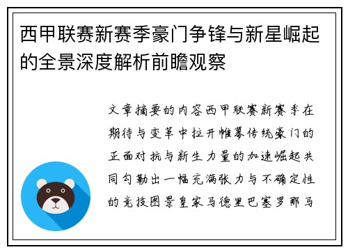 西甲联赛新赛季豪门争锋与新星崛起的全景深度解析前瞻观察